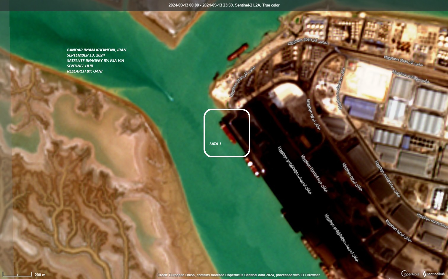 Satellite imagery of suspected Palau-flagged tanker LATA 1 loading from Bandar Imam Khomeini (Source: Sentinel Hub)