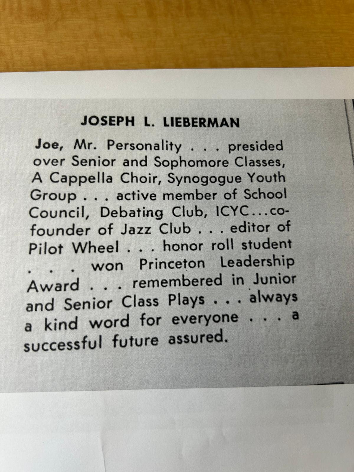 yearbook insert for joe lieberman