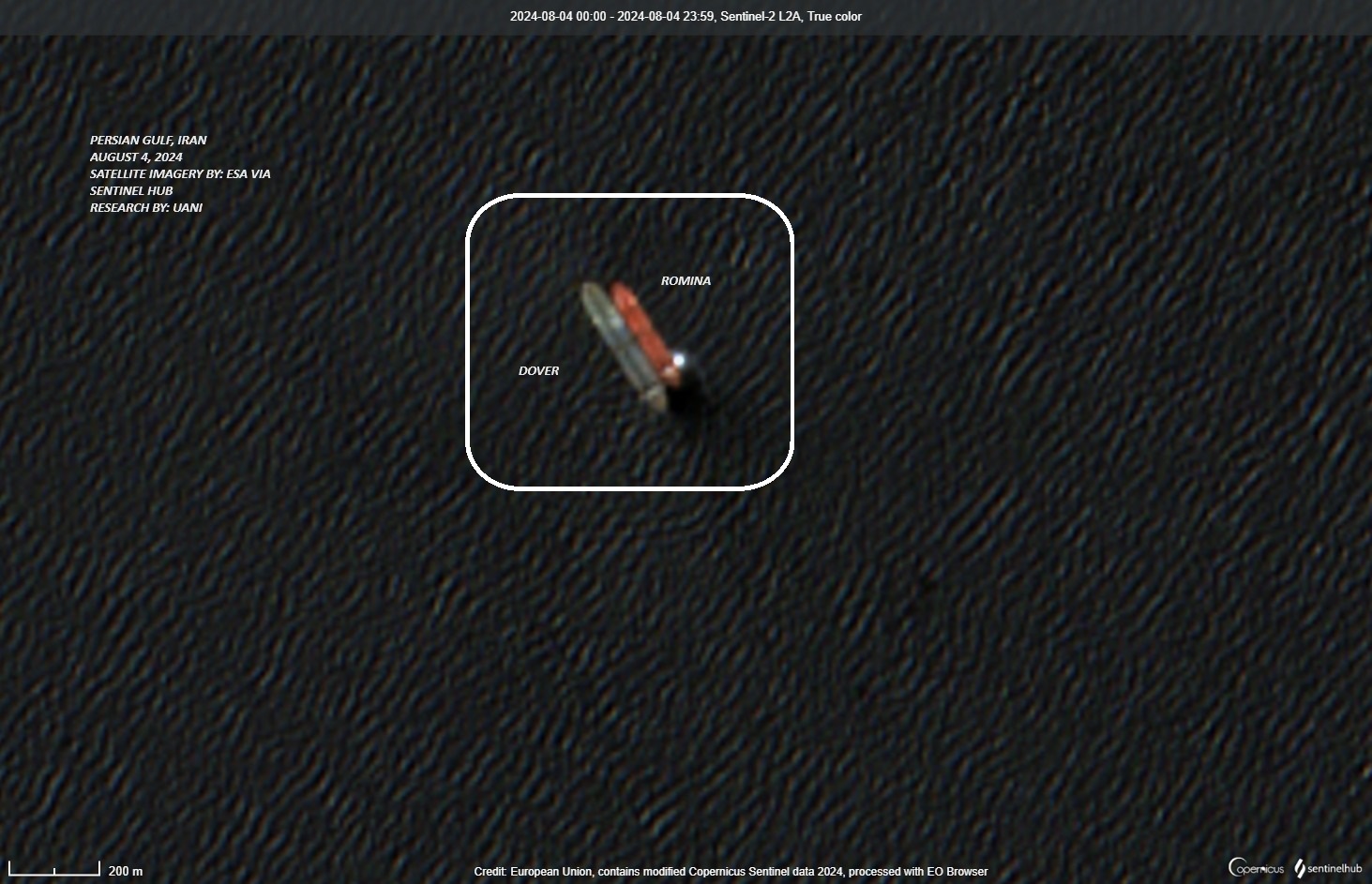 Satellite imagery of ROMINA suspected of receiving Iranian oil from the crude oil tanker DOVER on August 4, 2024 (Source: Sentinel Hub)